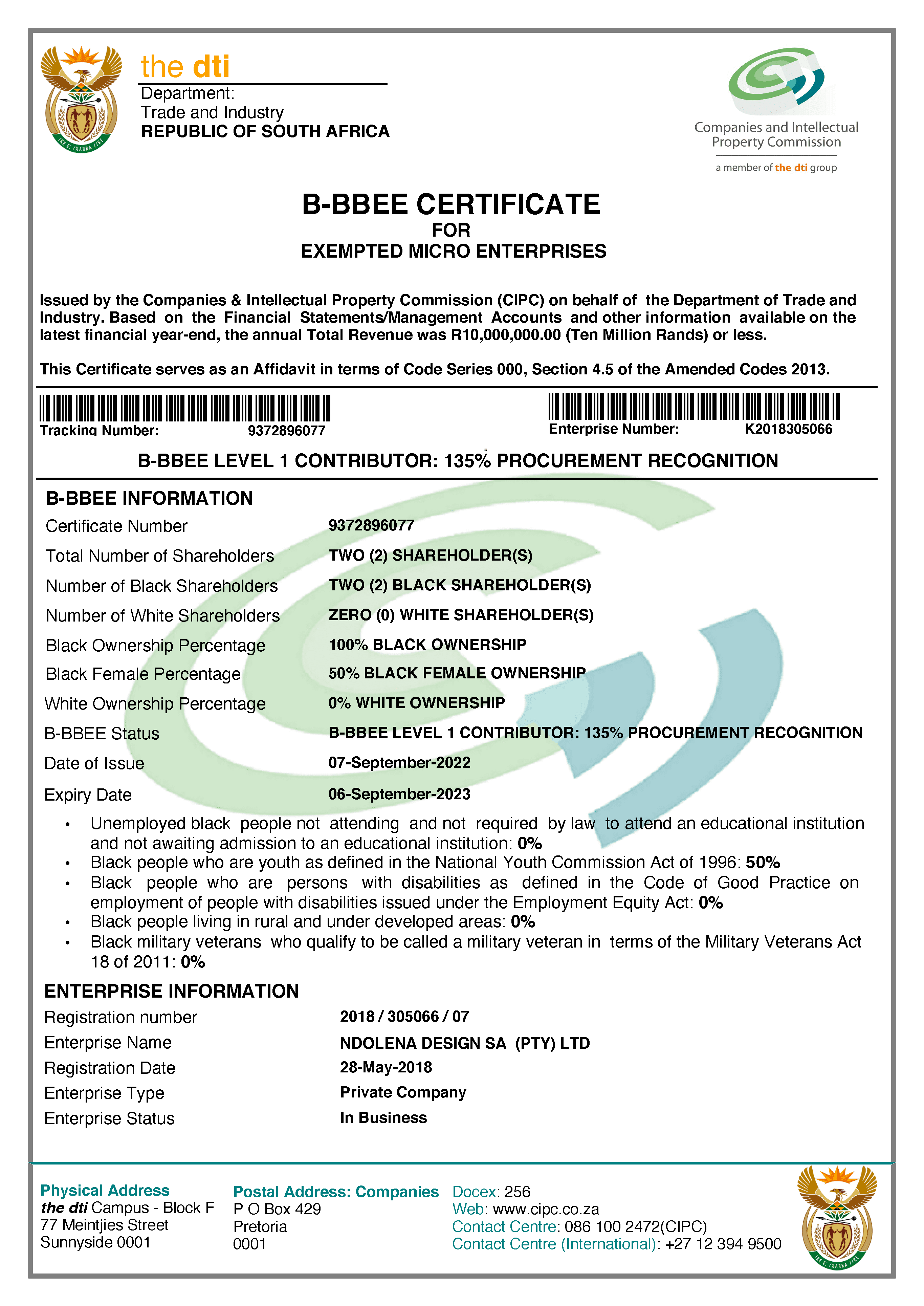 B-BBEE LEVEL 1 Certificate Ndolena Design 2018-305066-07 SEP 2022-min